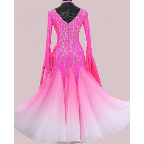 Custom size kids adult fuchsia hot pink gradient color competition ballroom dance dresses for women girls diamond professional waltz tango foxtrot dance long dress 